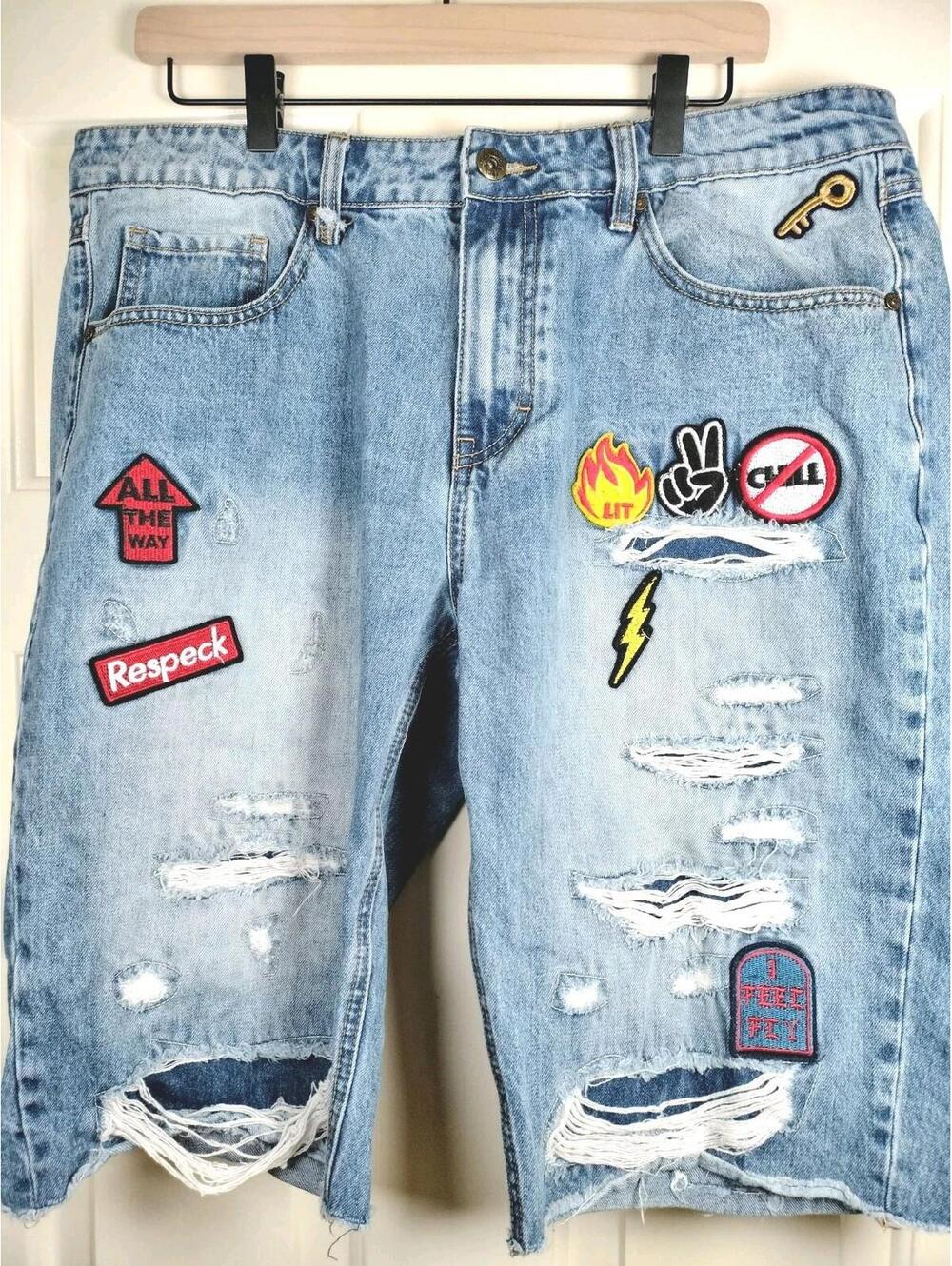 Born Fly Mens 36‎ Distressed Denim Shorts Patches Streetwear Light Wash Jorts